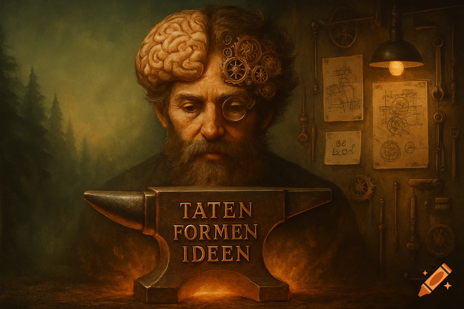 Steampunk digital painting of a bearded man with a brain on one side of his head and gears on the other, an anvil with 'TATEN FORMEN IDEEN' in front.