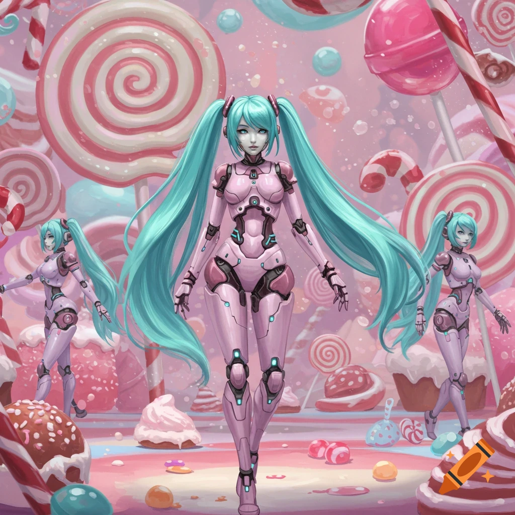 A pink armored female robot with long teal pigtails walks through a vibrant candy land with lollipops and sweets.