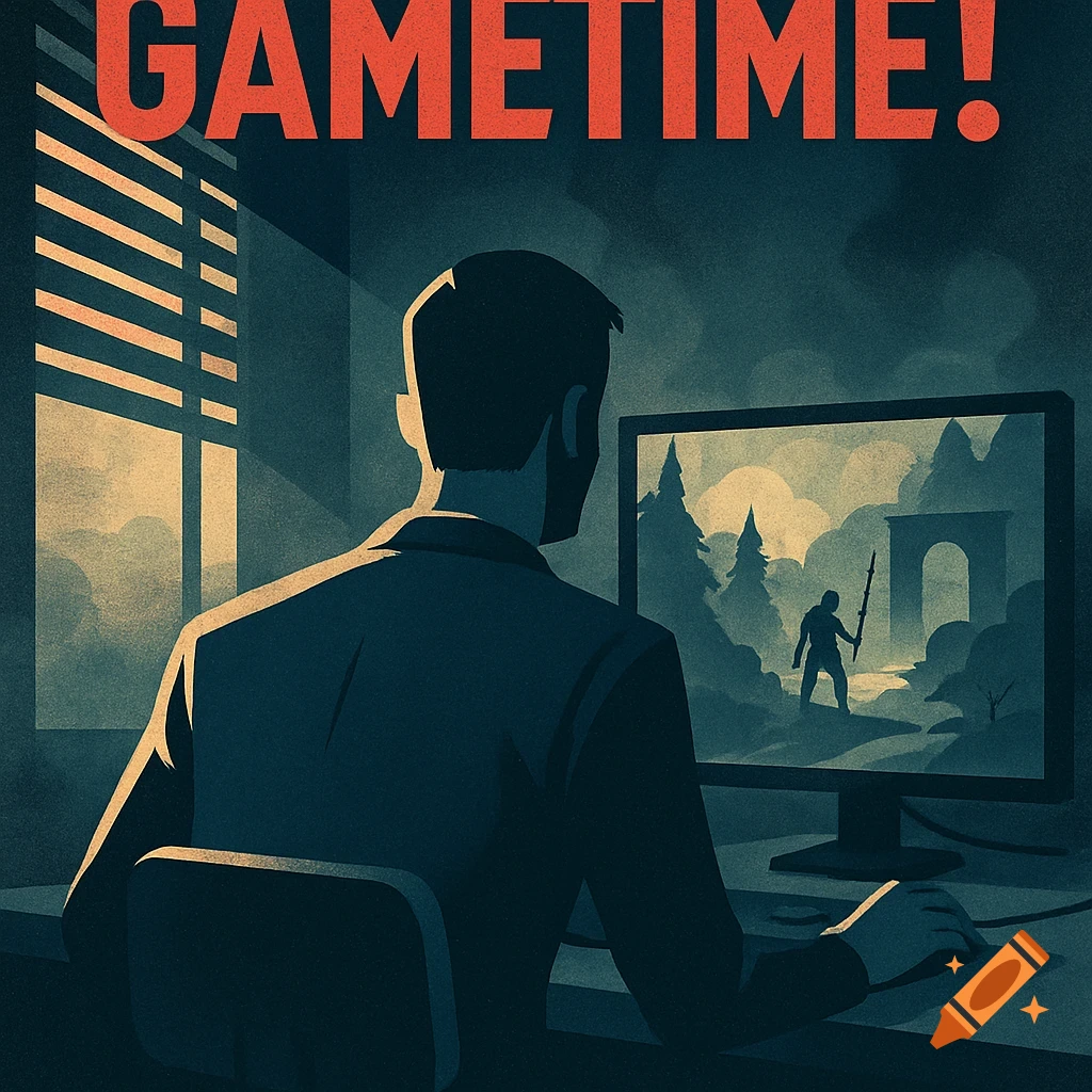A stylized illustration of a man from behind, playing an adventure video game in a dim room, with "GAMETIME!" text at the top.
