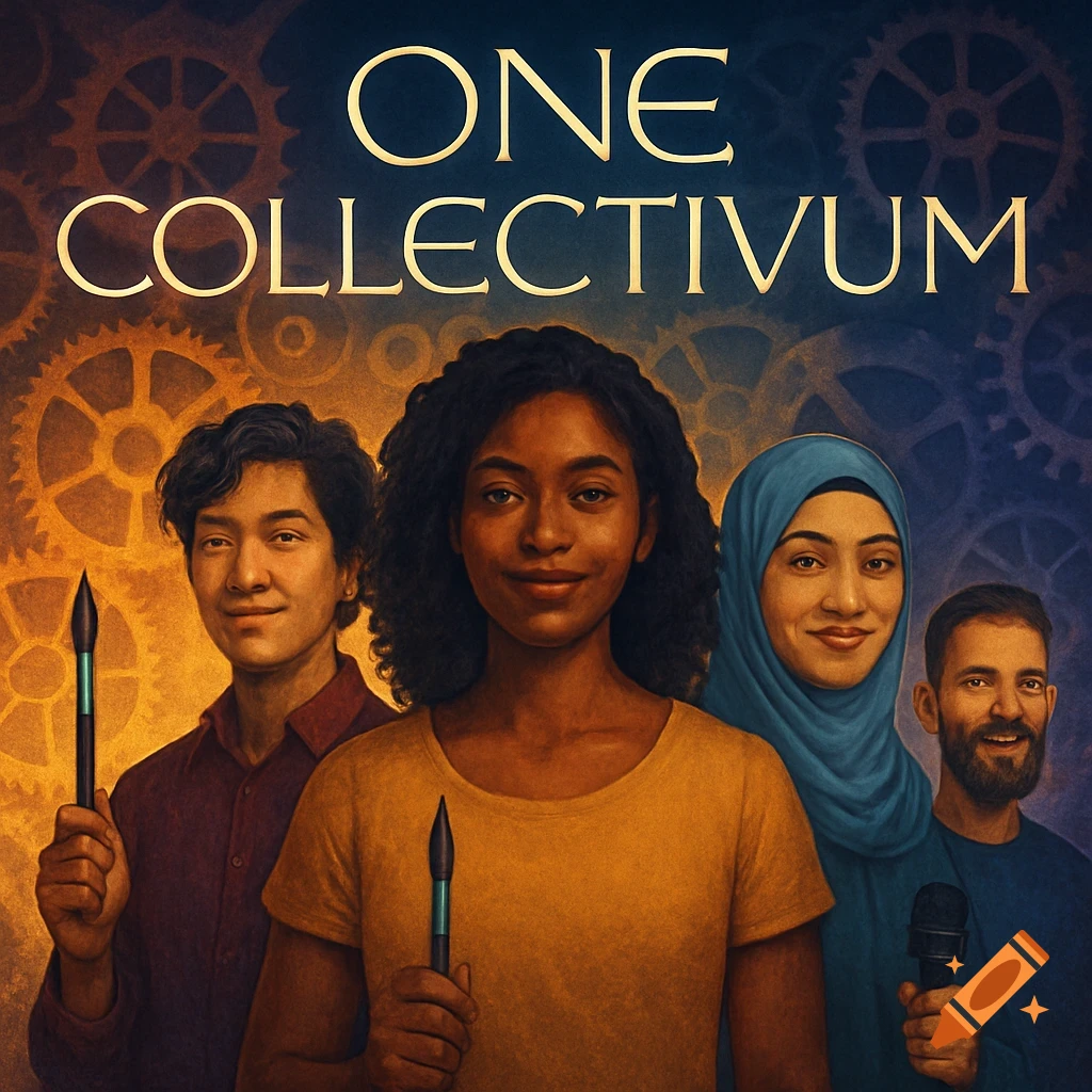 A diverse group of four people holding paintbrushes and a microphone, with the text 'ONE COLLECTIVUM' and gears.