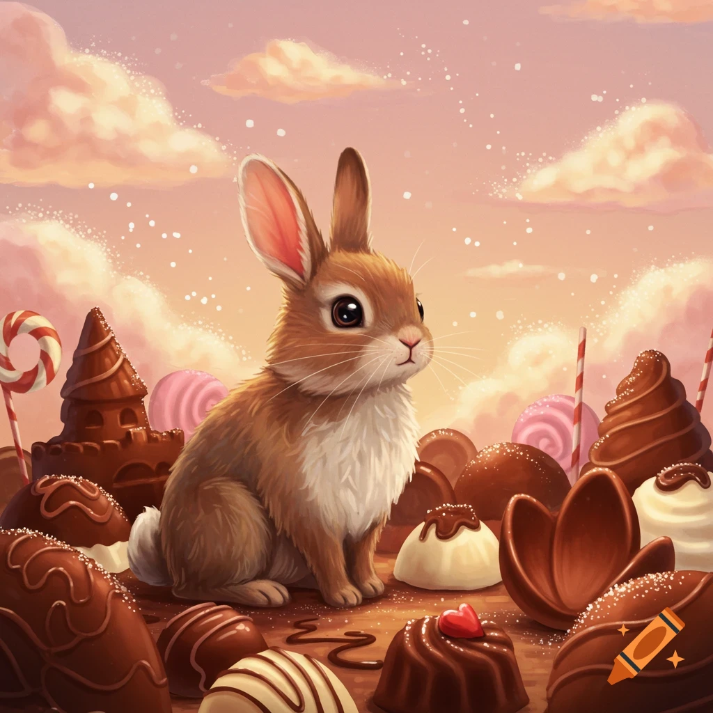 A cute brown bunny sits among an assortment of chocolates and candies under a pastel sky.