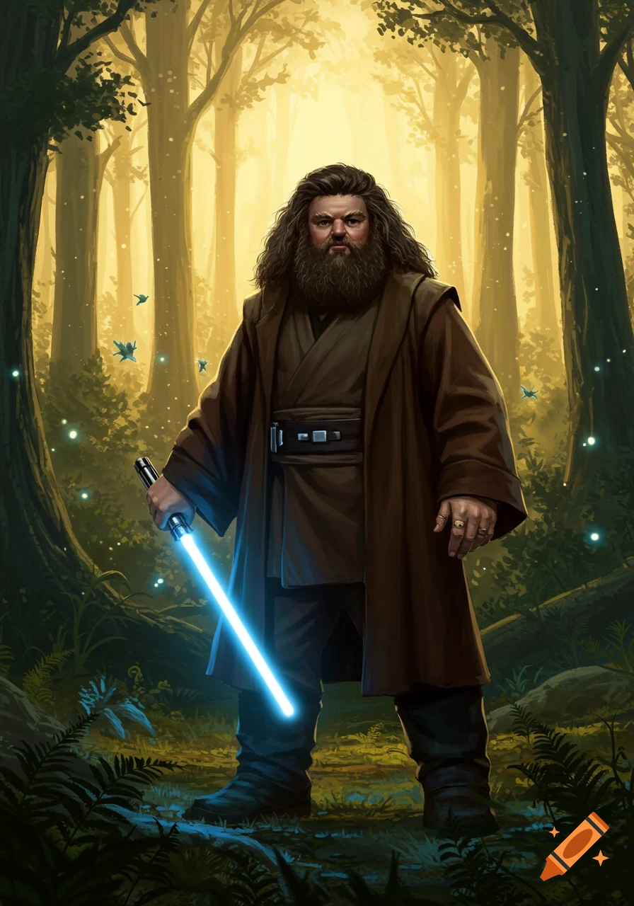 A bearded, long-haired man resembling Hagrid, dressed in brown Jedi robes, stands in a glowing forest holding a blue lightsaber.