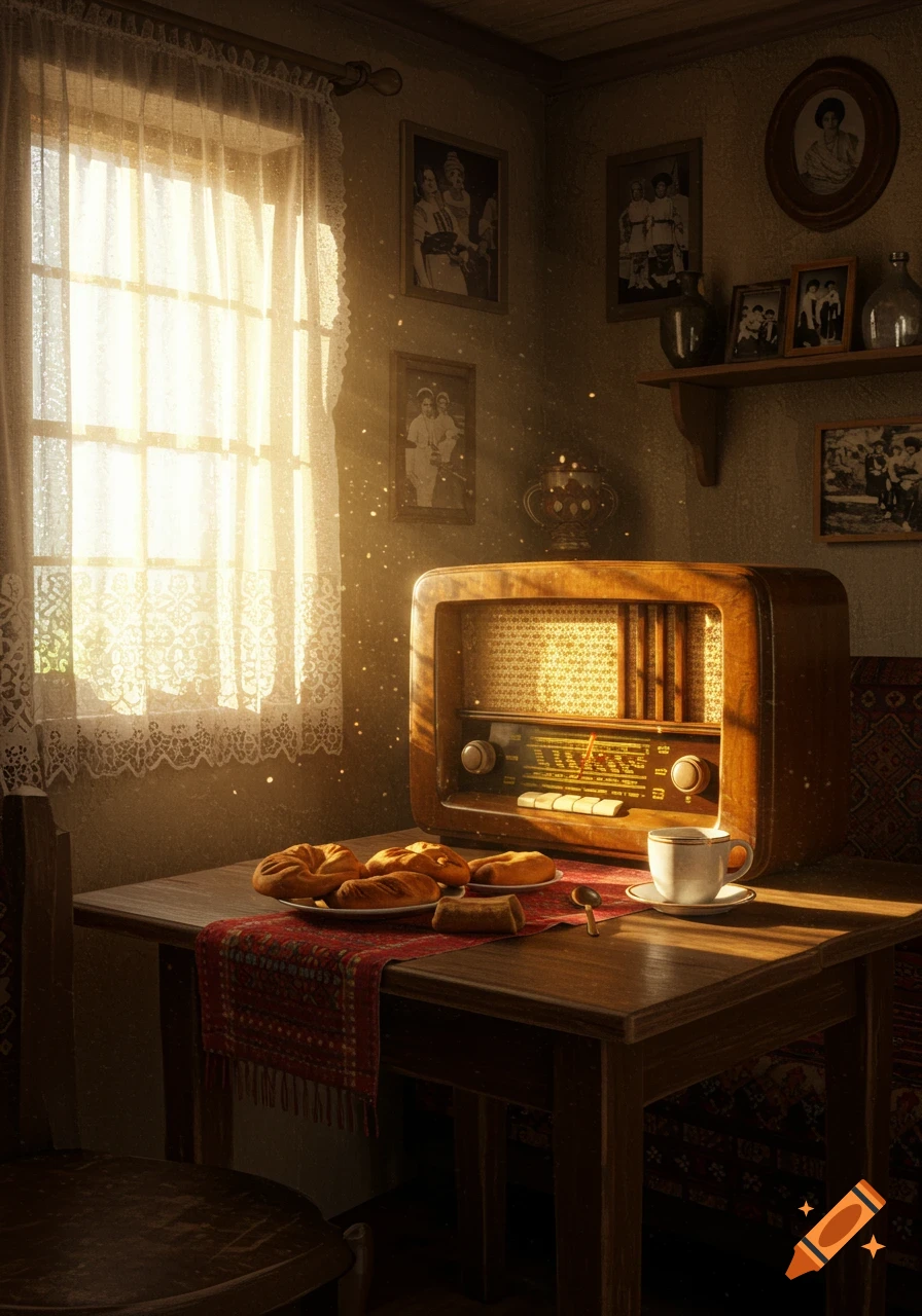 A sunlit vintage room with an old wooden radio on a table, next to pastries, a cup of coffee, and framed photos on the wall.