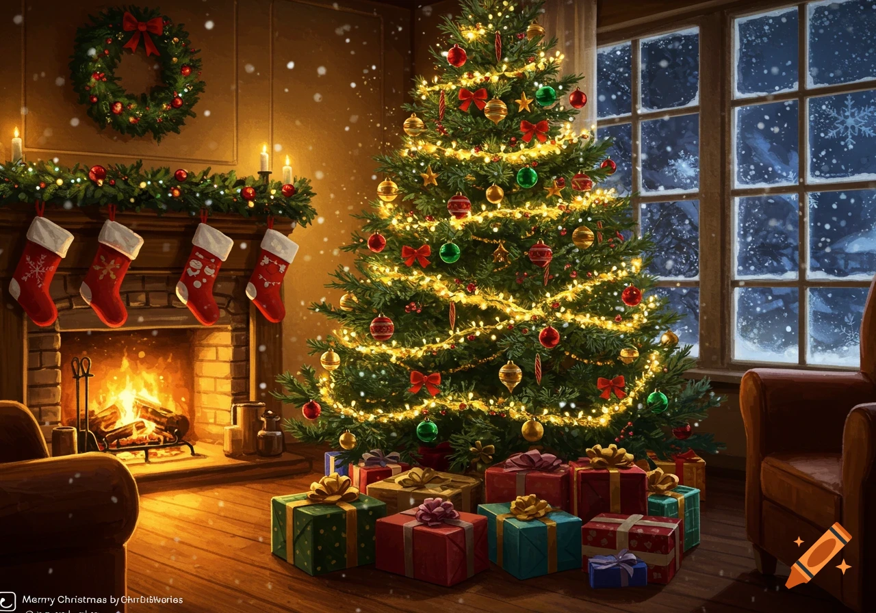 A cozy Christmas scene with a brightly lit tree, presents, a roaring fireplace with stockings, and a snowy window view.