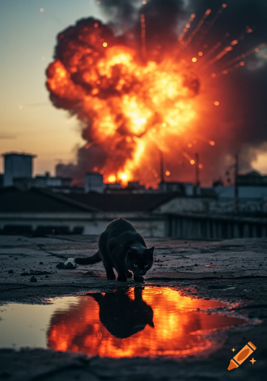 A black cat crouches on a rooftop, its reflection of a fiery explosion visible in a puddle against a dramatic sunset.
