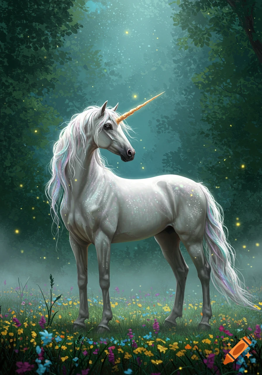 A majestic white unicorn with a golden horn and rainbow mane stands in a magical forest with colorful wildflowers and sparkling lights.
