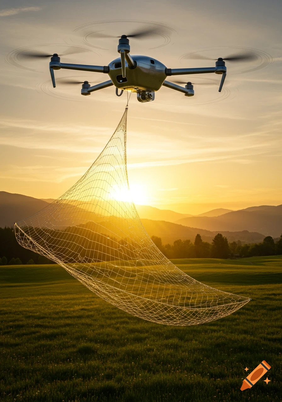 A drone carries a large net over a green field, with mountains in the background and a golden sunset.