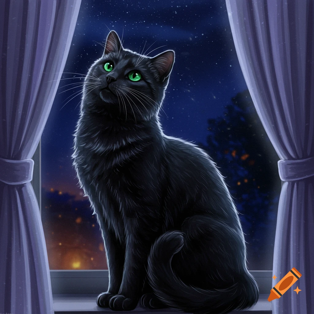 An illustrated black cat with vibrant green eyes sits on a window sill, looking up at a starry night sky through purple curtains.