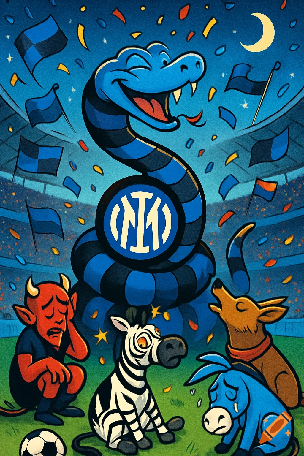 A cartoon blue and black striped snake celebrates a football victory in a stadium at night, while sad defeated animal mascots (a red devil, zebra, dog, and donkey) watch from below.