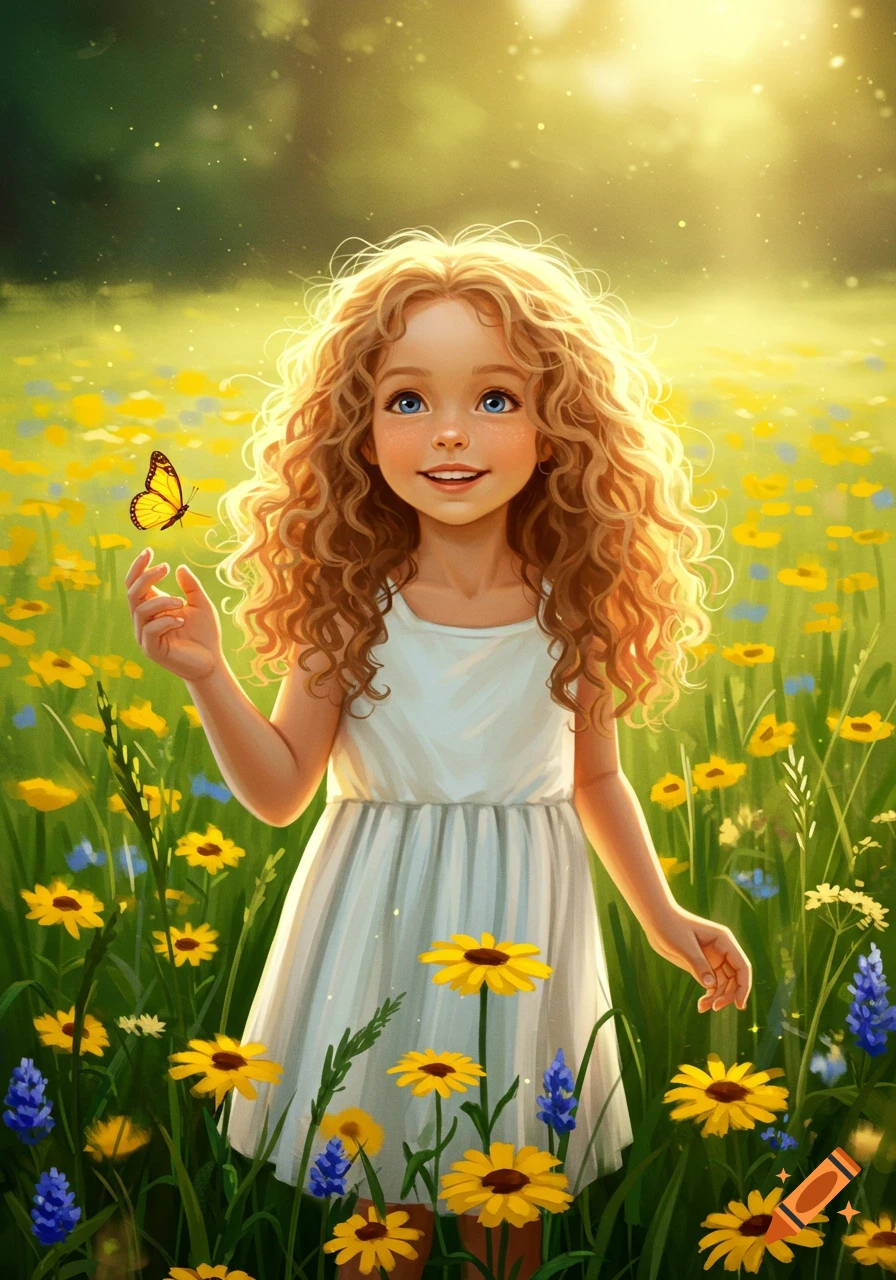 A smiling young girl with curly blonde hair and blue eyes stands in a vibrant meadow of yellow and blue flowers, a butterfly on her finger, in an illustration style.
