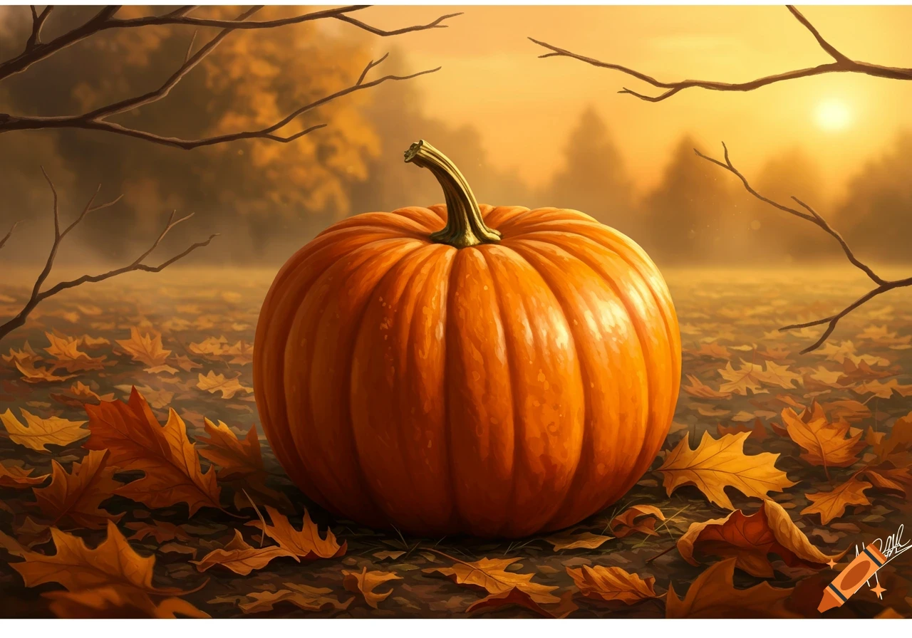 A large orange pumpkin rests on the ground amidst fallen autumn leaves, with bare tree branches and a hazy golden sunset in the background.