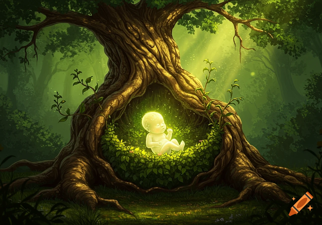 A glowing baby nestled in green leaves inside a large tree trunk in a lush, sunlit forest, with light rays.