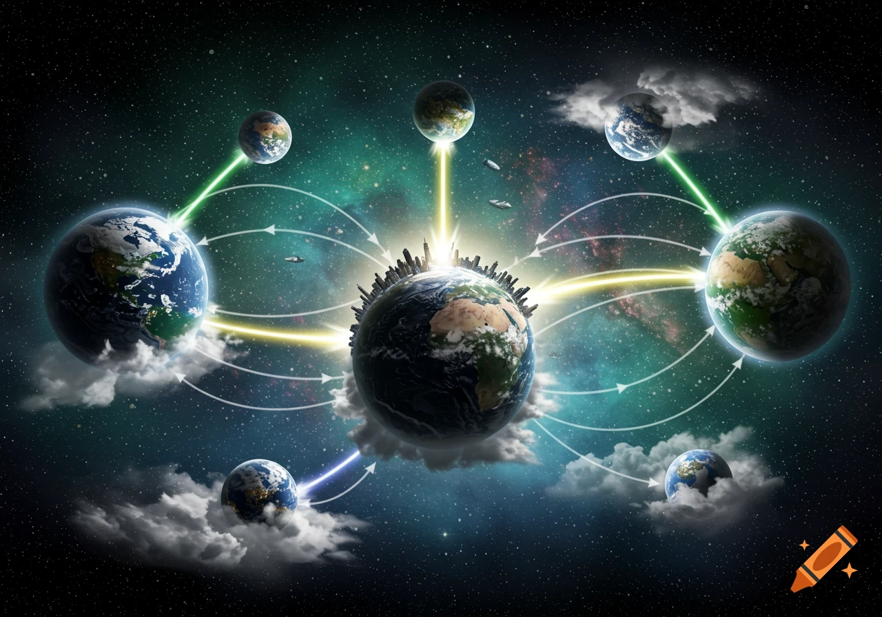 Multiple Earths connected by glowing lines and arrows in a starry cosmic background, representing a global network.