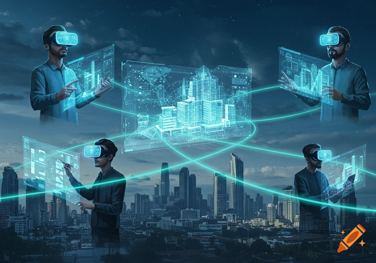 Four men in VR headsets interact with glowing holographic architectural designs of buildings floating over a futuristic cityscape at dusk.