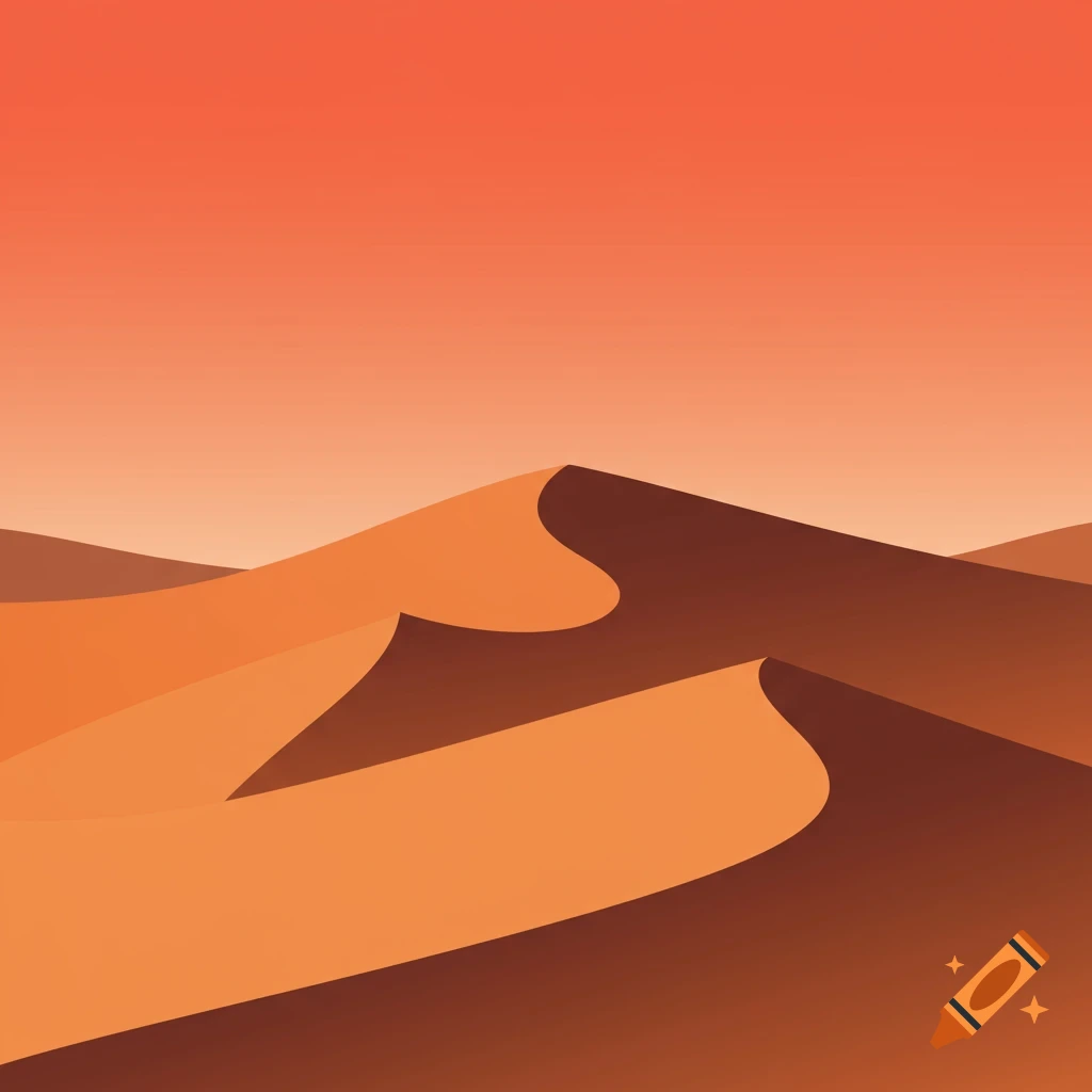 A minimalist vector art illustration of sand dunes under a gradient orange sky.