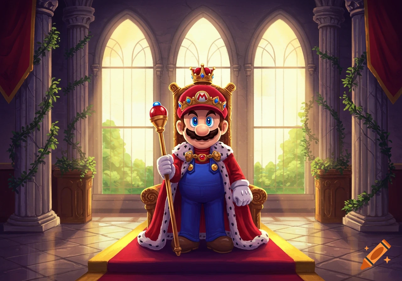 King Mario stands proudly in a grand throne room, holding a scepter and wearing a regal red and white cape and golden crown.