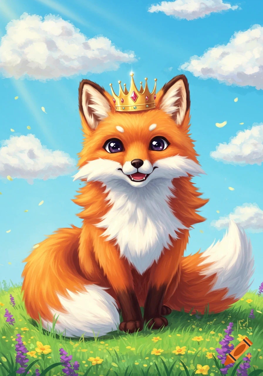 A cute, smiling anime-style furry fox with a gold crown sits in a vibrant green field with flowers under a blue sky.