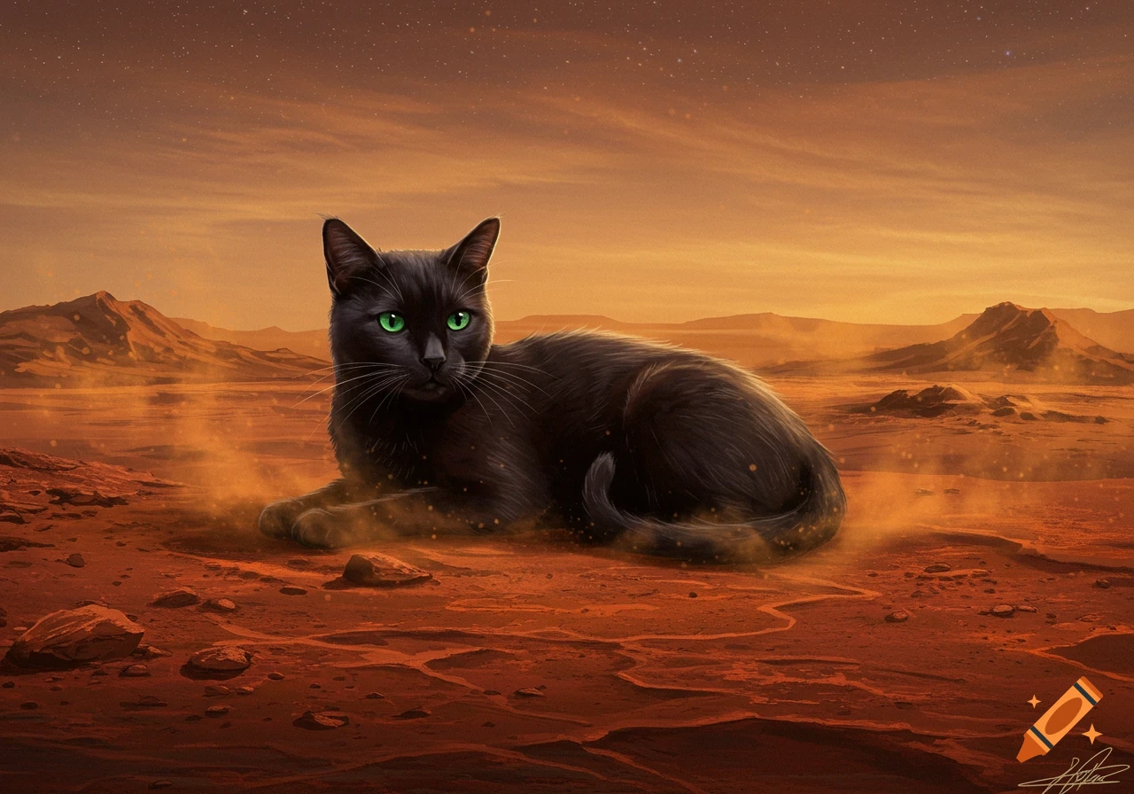 A black cat with vivid green eyes lies on the reddish surface of Mars under an orange, starry sky, digital art.