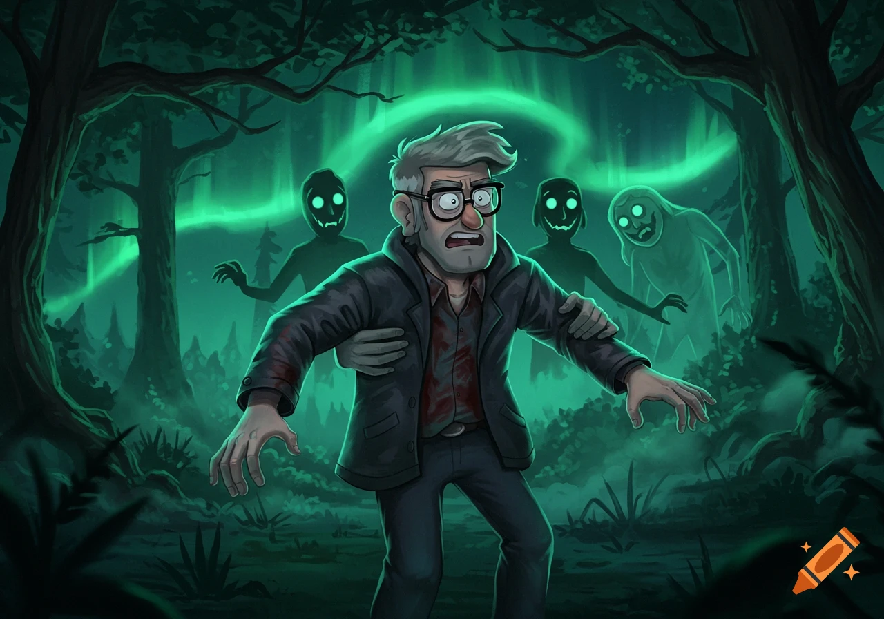 Ford Pines from Gravity Falls looks terrified, grabbed by green glowing ghosts in a dark forest under a green aurora.