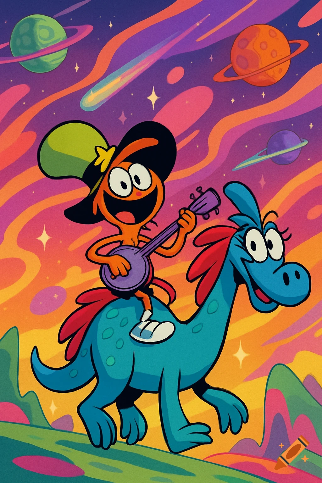 The cartoon character Wander plays a banjo while riding Sylvia the Zbornak through a vibrant, star-filled space with planets.