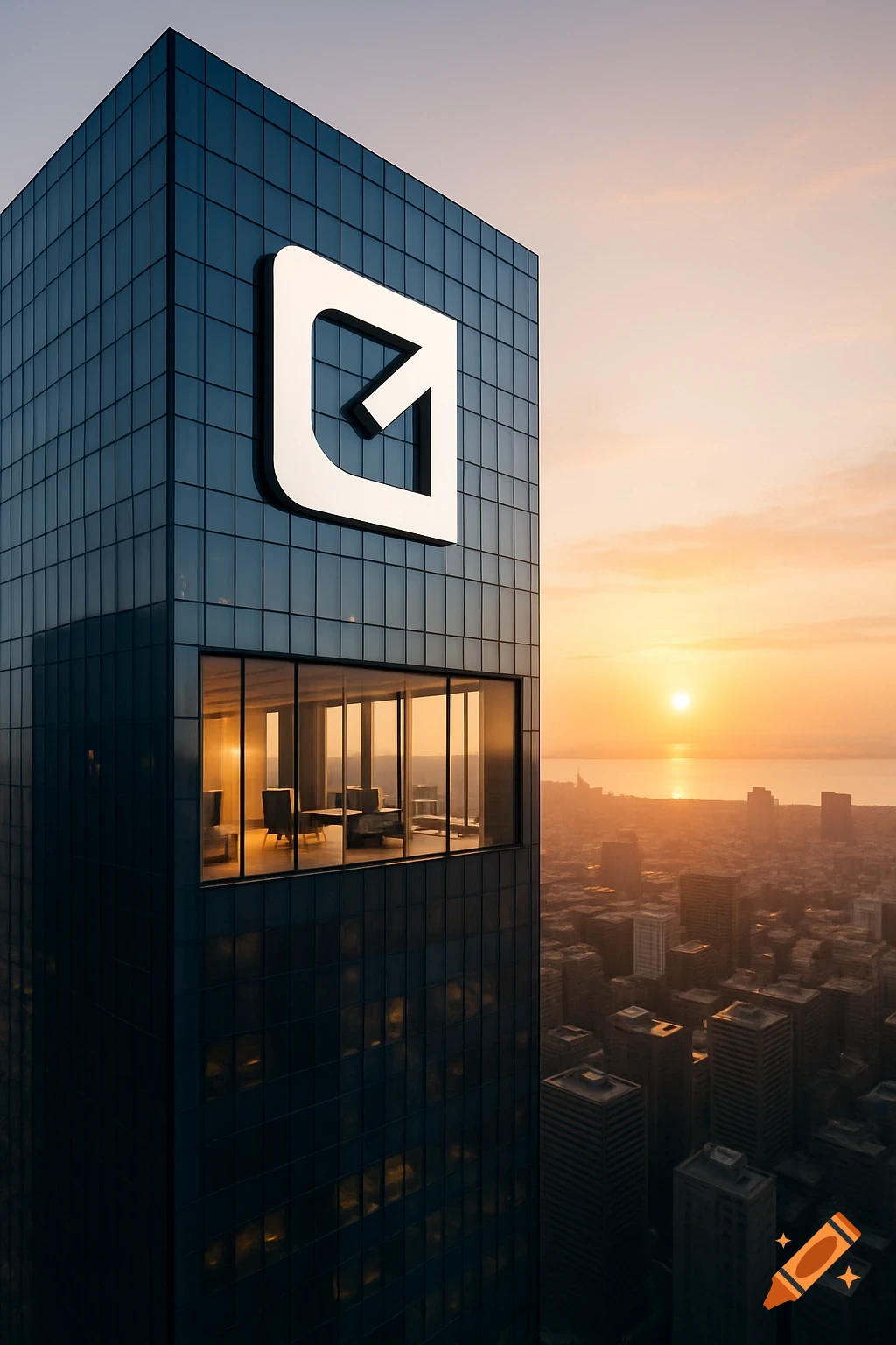 Modern corporate skyscraper with a large white logo, overlooking a vast city and the ocean at sunrise from an office window.