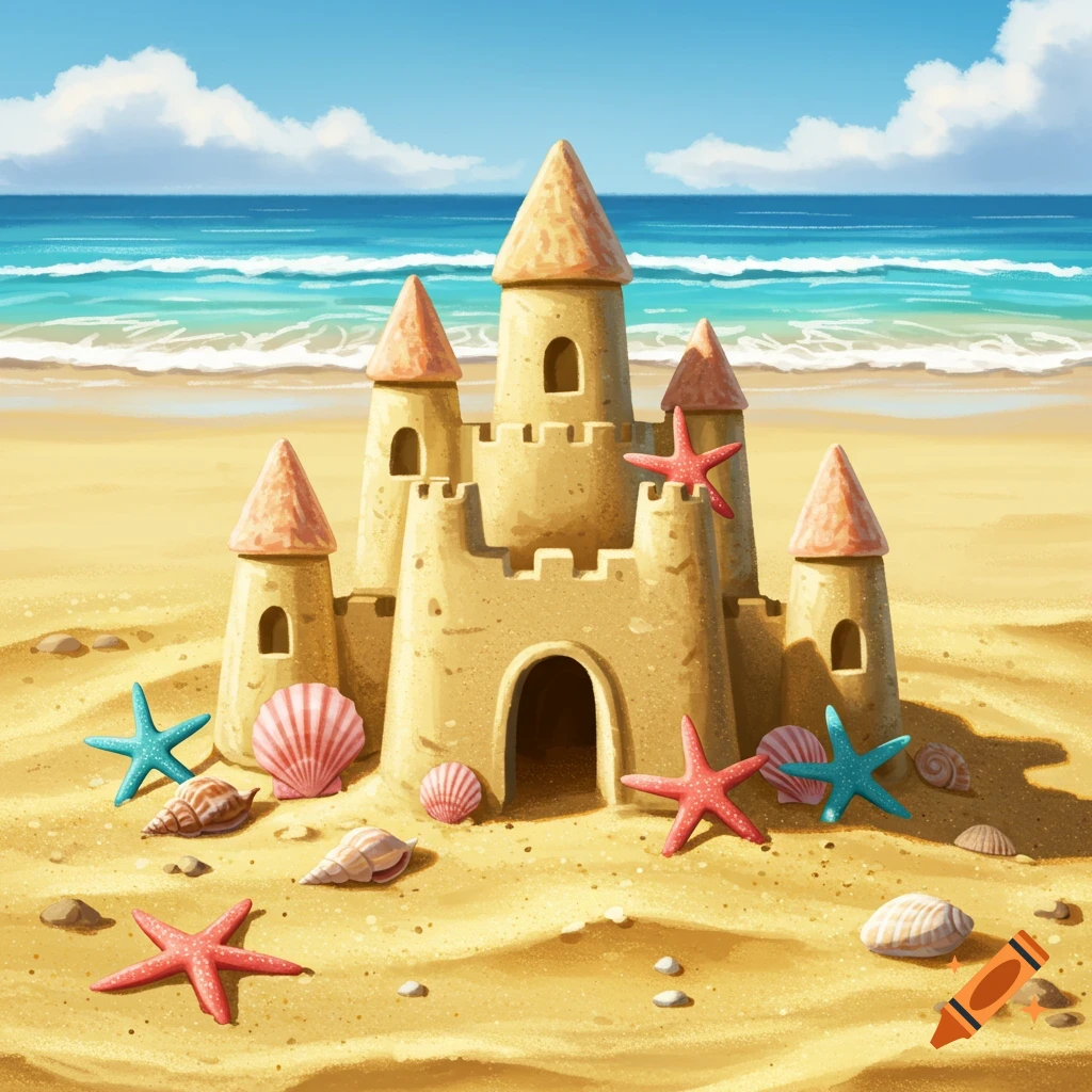 A detailed sandcastle stands on a sunny beach, decorated with red starfish, blue starfish, and seashells, with ocean waves behind it.