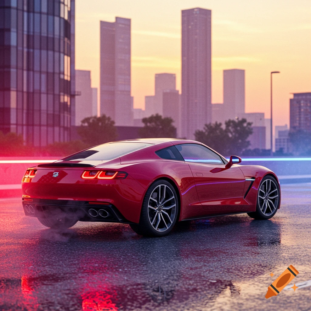 Photorealistic image of a sleek red sports car parked on a wet street with a city skyline at sunset.