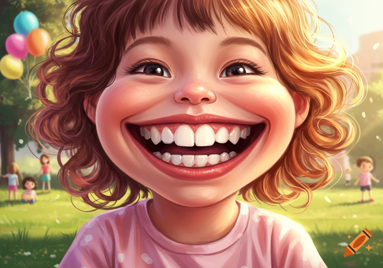 Close-up of a happy cartoon girl with a comically large smile, revealing many teeth, in a sunny park with other children and balloons.