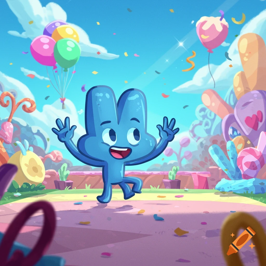 Vibrant blue cartoon character 'Four' waves in a whimsical, celebratory landscape with confetti and balloons.