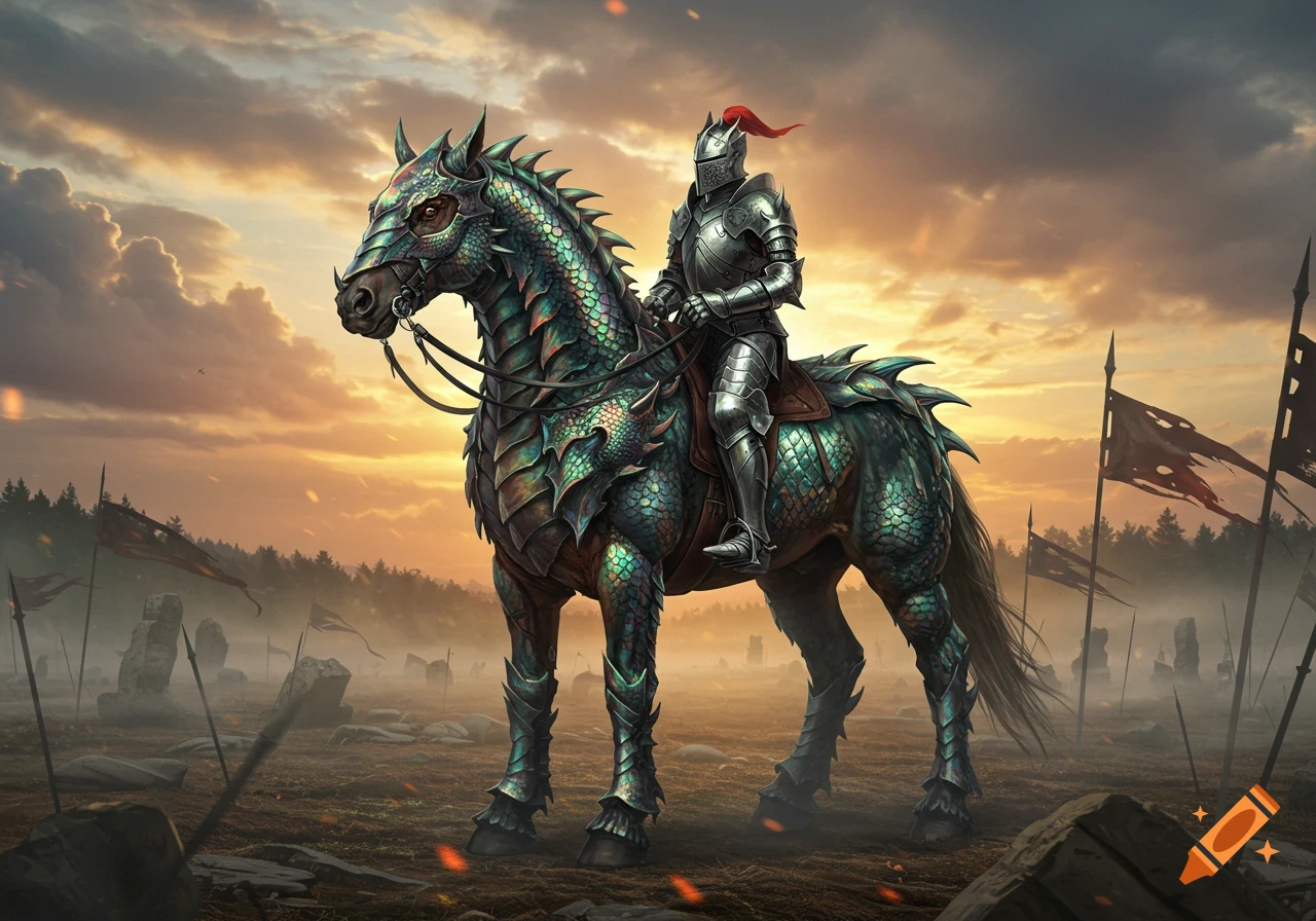 A knight in shining armor rides a warhorse covered in iridescent dragon scales on a misty battlefield at sunset.