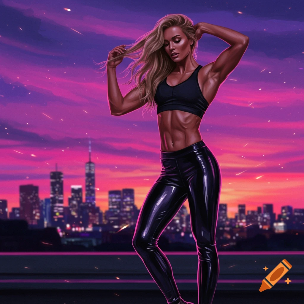 Muscular blonde woman in a sports bra and shiny black leggings poses against a vibrant pink and purple sunset cityscape, digital art style.
