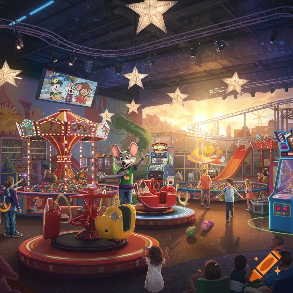 A vibrant, colorful indoor amusement park resembling Chuck E. Cheese, with children playing, a large Chuck E. Cheese mascot, carousel, arcade games, and slides under twinkling star lights.
