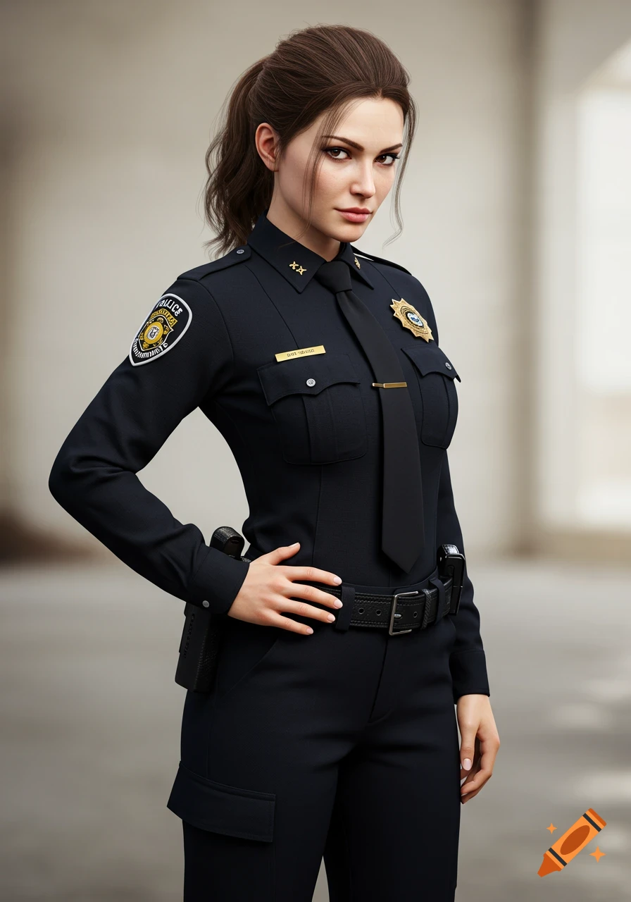 Photorealistic portrait of a young woman with a ponytail wearing a black police uniform, looking at the viewer with a serious smirk.