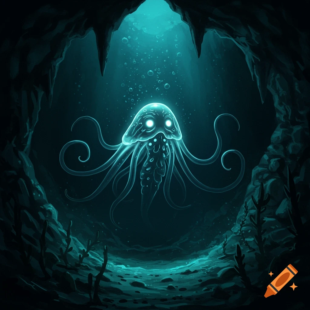 A bioluminescent jellyfish-like creature with glowing eyes and tendrils floats in a dark underwater cave, illuminated by light from above.
