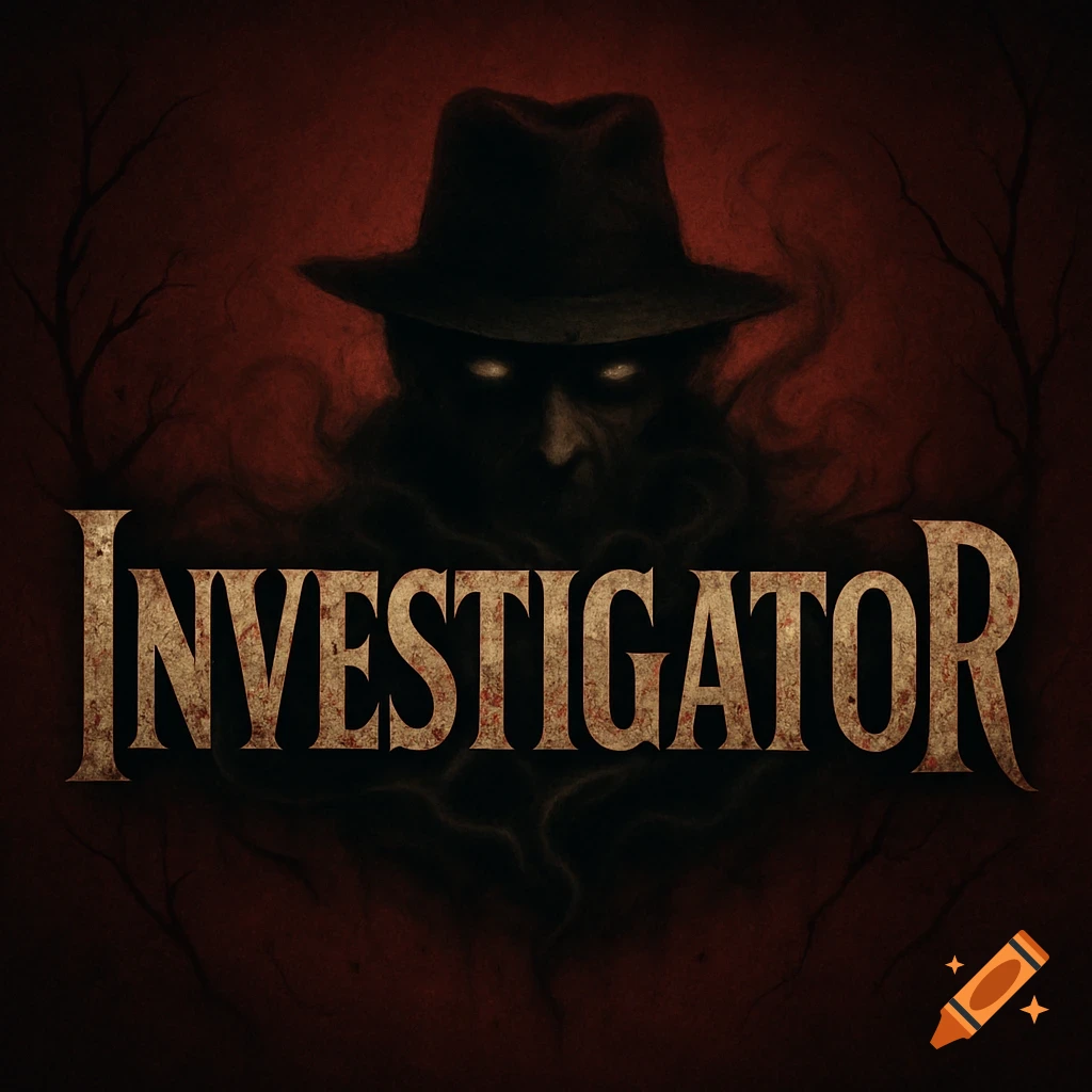 A dark horror game logo with a shadowy figure in a fedora, glowing eyes, and the title 'INVESTIGATOR' in gothic font.