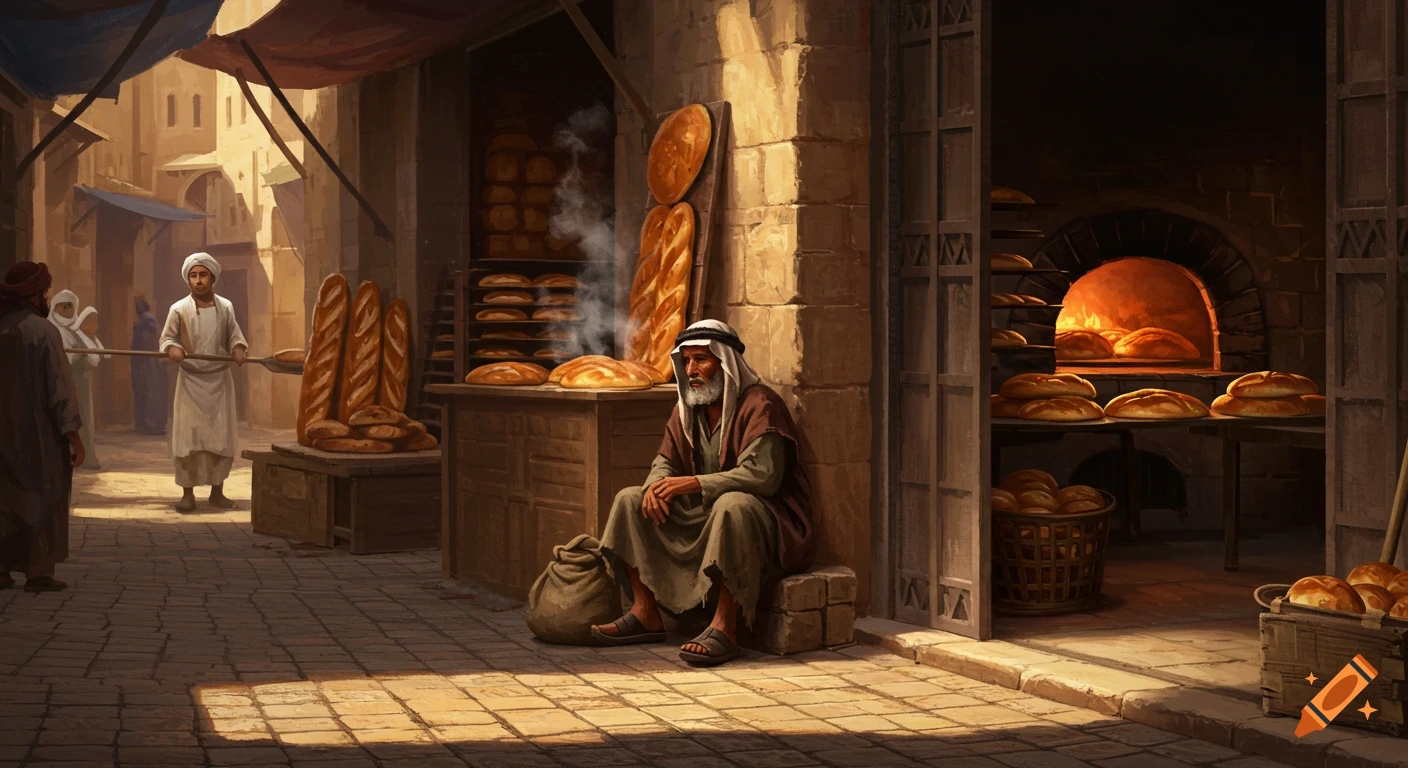 A historical market scene depicts a baker with a long paddle, a man sitting by a pile of bread, and a glowing oven full of loaves.