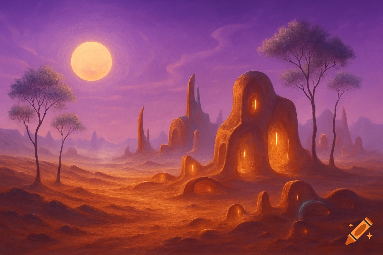 A vibrant, painterly alien landscape under a purple sky with a large sun, orange dunes, glowing organic rock formations, and sparse trees.