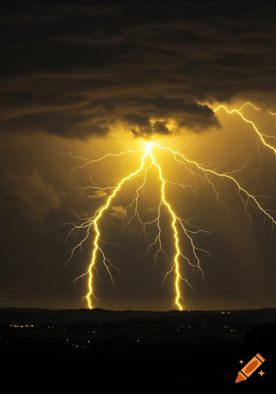 Bright yellow lightning illuminates a dark, cloudy night sky above a distant landscape with subtle city lights.