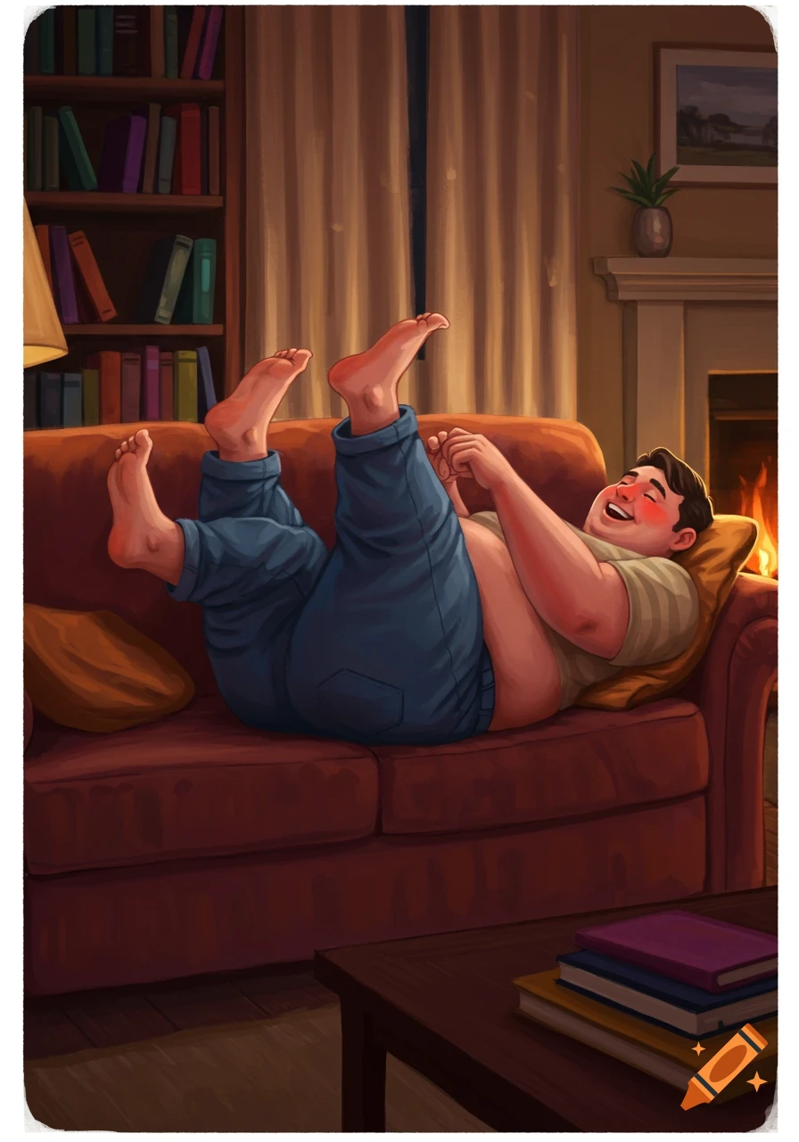 An illustrated, pudgy man in jeans lies laughing on a red couch with his bare feet up in a cozy living room.