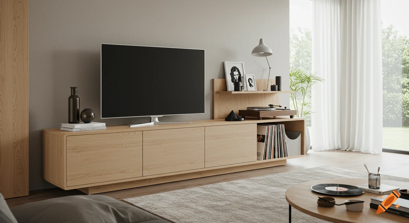 A modern living room with a light wood TV credenza under a flat-screen TV, featuring a record player and vinyl storage, clean lines, and neutral decor.