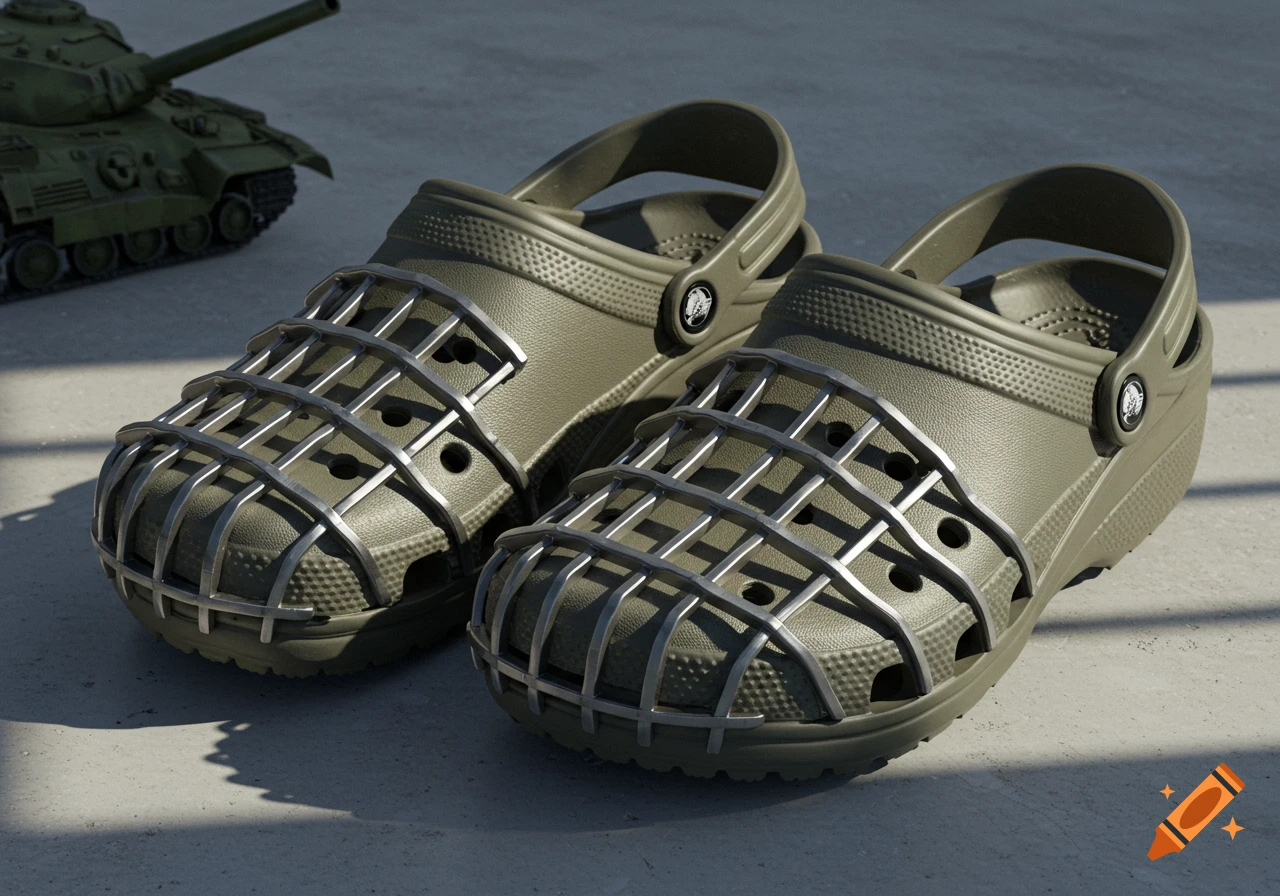 A pair of olive green Crocs shoes with a metallic cage covering the toe, with a blurry green toy tank in the background.
