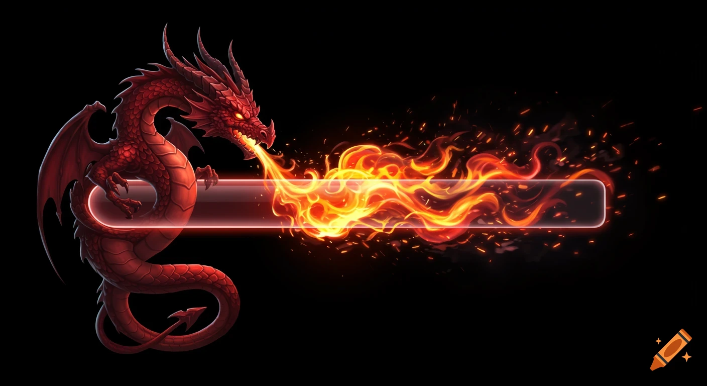 A red, cartoonish dragon with wings and horns breathes fire that wraps around a glowing, transparent progress bar on a black background.