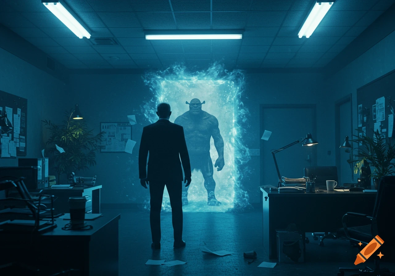 A man in a suit faces a glowing blue portal in a dark office, as a large, muscular, green-skinned ogre emerges.