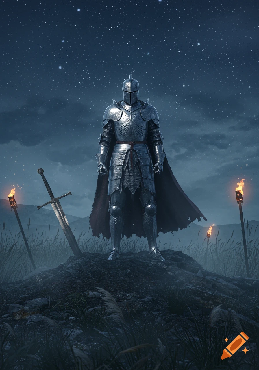 A knight in shining armor stands on a rocky hill with a sword and torches under a starry night sky.