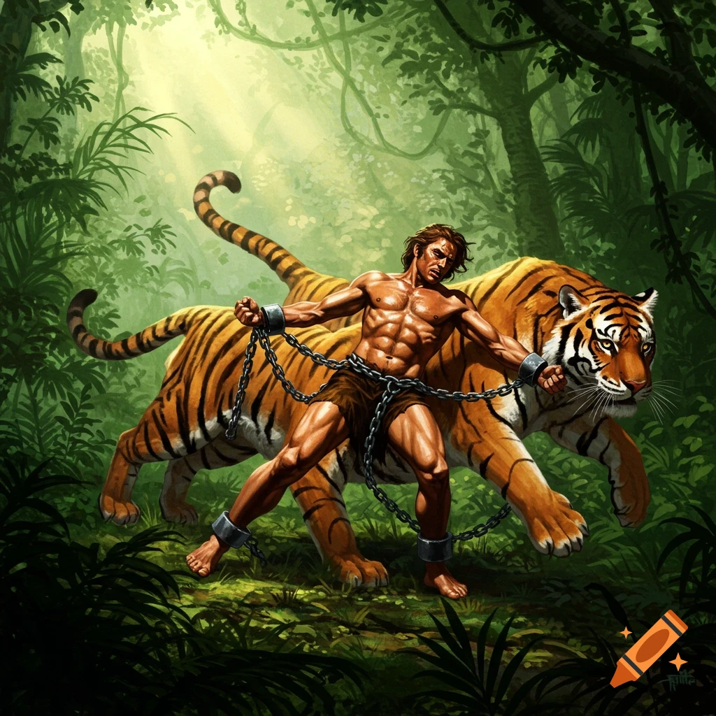 A muscular man is chained between two Bengal tigers in a lush, sunlit jungle, depicted in a dark fantasy style.