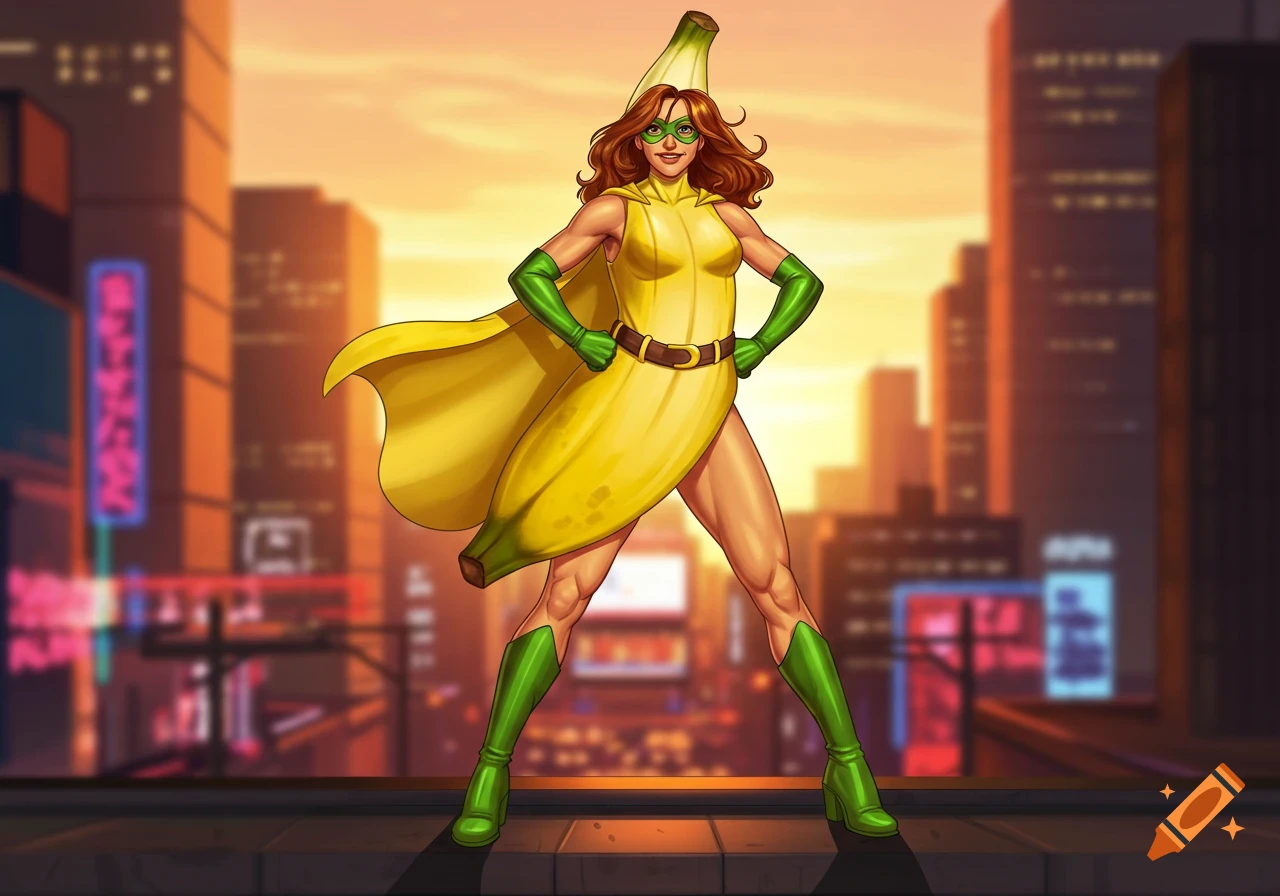 A female superhero in a yellow banana costume with green accents stands heroically on a city rooftop at sunset in a vibrant comic art style.