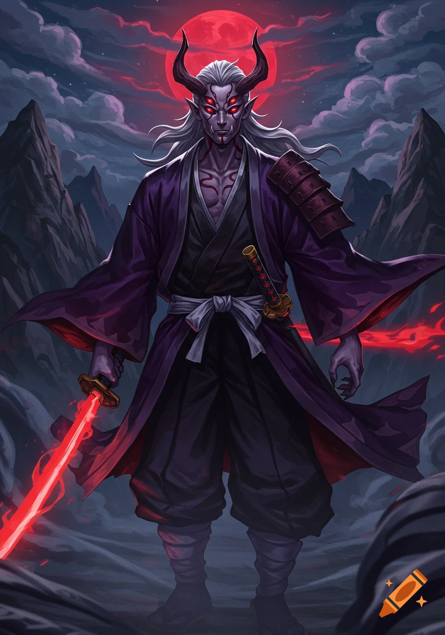 A white-haired demon warrior with horns, multiple red eyes, and dark skin, in a purple kimono, holding a glowing red katana under a blood-red moon.