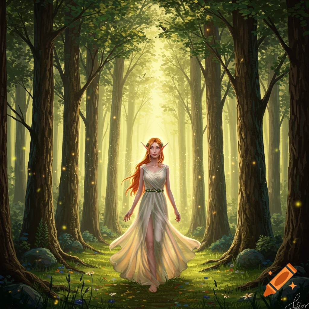 An elf woman with long red hair and a white flowing dress walks barefoot through an enchanted, sunlit forest.