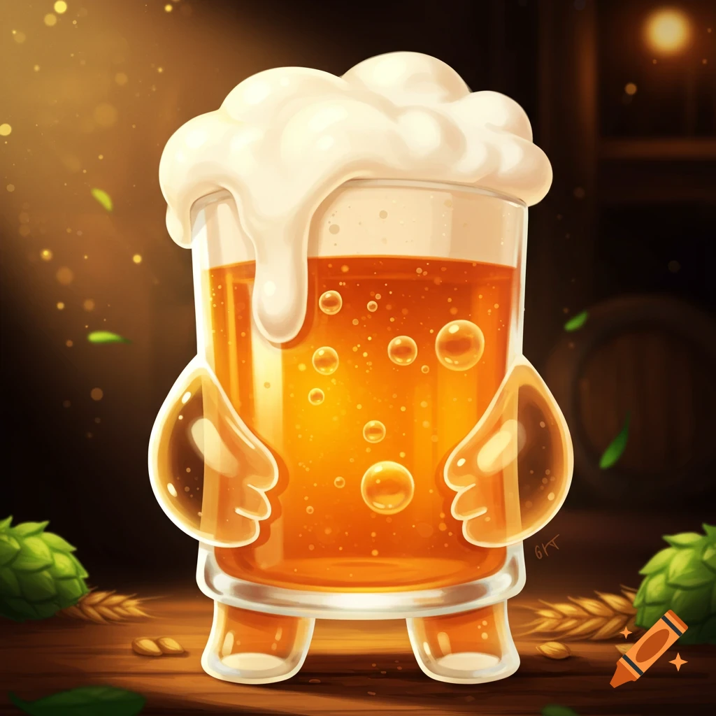 Cartoon pint of beer character with a foamy head and bubbles, featuring small arms and legs, standing on a wooden surface surrounded by hops and wheat.
