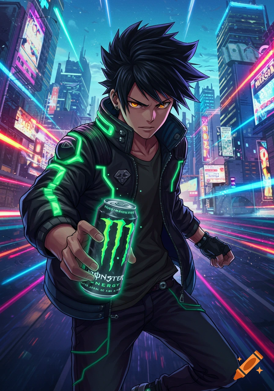 An anime man with glowing yellow eyes and spiky dark hair, wearing a black jacket with neon green accents, holds out a glowing Monster Energy drink can in a futuristic city with bright neon lights.